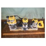 3 DeWalt model DW618 2.25hp routers, 1 as parts, 3