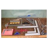 Lot: Assorted squares, levels, gauges, etc.; as is