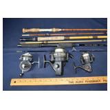 3 fishing reels and two piece rods; as is