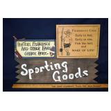 3 wooden signs: 2-sided Sporting Goods 24x7.25"h,