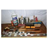 Collection of masonry tools, supplies, brushes, le