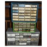 3 small hardware bins with assorted inventory; as