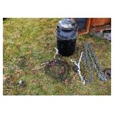 Milk can, come-along, heavy chain, pintle hitch, c