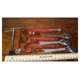 9 assorted wrenches including adjustable pipe and