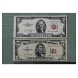 Two 1953B red seal US notes: $5 and $2 star; as is
