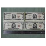 Four 1963 red seal star US notes: (2) $5 and (2) $