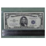 1953 US $5 blue seal Silver Certificate; as is