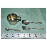 Sterling silver baby cup, fork, spoon, pin, 2.7ozt