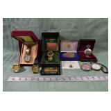 Lot: 4 wrist watches, 3 pocket watches, belt buckl