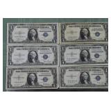 Six 1935 US $1 blue seal Silver Certificates, 3 wi