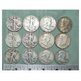 12 US silver half dollars; as is