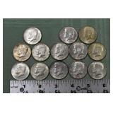 13 US silver clad half dollars; as is