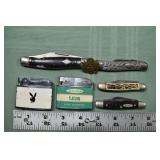 Lot: 2 lighters, 4 pocket knives, US military pin;