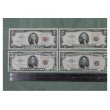 Four 1963 red seal US notes: (2) $5 and (2) $2; as