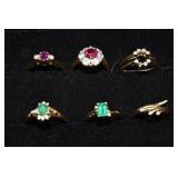 Six 14 kt gold rings each set with stones: 5 size