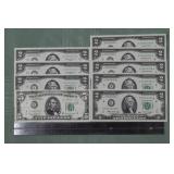 Nine green seal US Federal Reserve Notes: 1963 $5,
