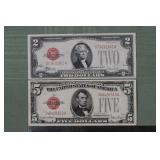 Two series of 1928F red seal US notes: $5 and $2;