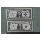 Two 1957 US $1 blue seal Silver Certificates; as i