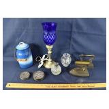 Lot: 7 sterling and glass coasters, 2 sad irons, a