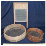 Old wood and zinc washboard, 2 primitive screens;