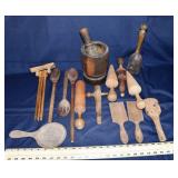 Large collection of primitive wooden kitchen imple