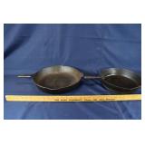 2 cast iron skillets: 14in #12 and diamond #10; as
