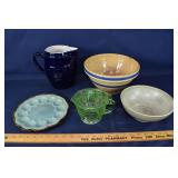 Vaseline glass and pottery lot: measuring cup w/ j