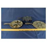 3 cast iron pans: cornbread wedge skillet, Plett p