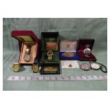 Lot: 4 wrist watches, 3 pocket watches, belt buckl