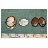 3 Vintage gold jewelry items: 10k cameo pin, teste