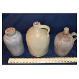 3 stoneware crocks: 2 jugs and 1 jar; as is