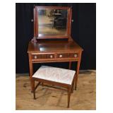 Mahogany finish 2 drawer vanity with stool, 34x21x
