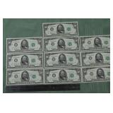 10 numerically sequential 1969A US $50 Federal Res