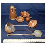 7 copper and metal housewares: coffee pot, bowls,