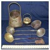 7 brass and metal housewares: hod, smudge pot, lad