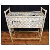 White wicker fernier with plastic planter, 28x11x3
