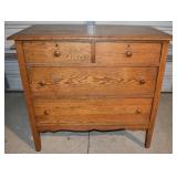 Solid oak 4 drawer chest, 38x20x35"h; as is