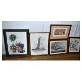 5 framed prints, largest 14x17"h; as is