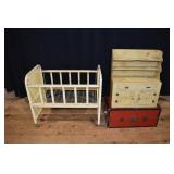 3 vintage metal child's play furniture: crib 25x15