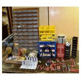 Lot: parts bins, hooks & brackets, pencils, parts