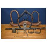 Lot: yoke, cow bell, stirrups, bit, etc.; as is