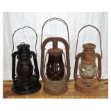 3 antique Dietz lanterns, black painted one stampe