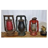 3 lanterns and bracket oil lamp; as is