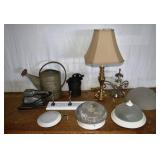 Lot: sump pump, water can, sander, 5 lighting fixt