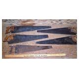 5 old carpenter saws including Henry C. Brown & Co