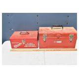2 red metal tool boxes, u bolts, etc.; as is
