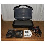 Skil electric drill, drill bits, Rubbermaid storag