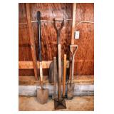 Tool lot: 3 shovels, 2 sledge hammers, tamper; as