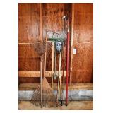 Tool lot: rakes, hoes, extension limb trimmer, etc