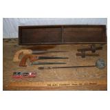 Vintage wood carpenter tray with scribes, saws, Ea